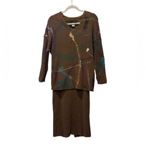 Vintage 80s Hand Painted Art Knit Two-Piece Set Sweater + Skirt Brown Abstract S